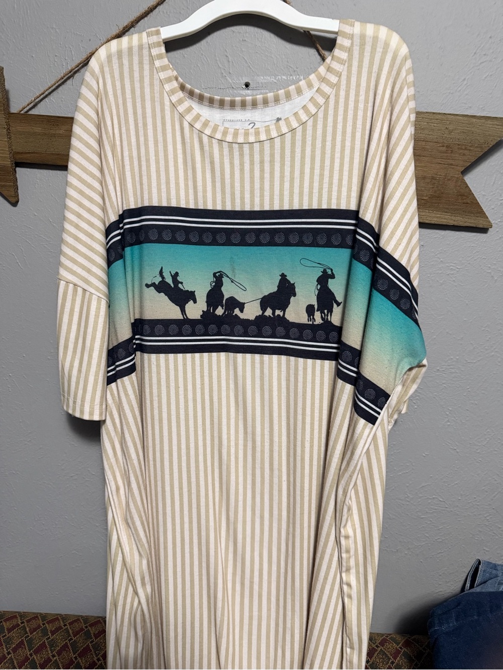 Striped Beige and Turquoise Western-Print Women's Dress